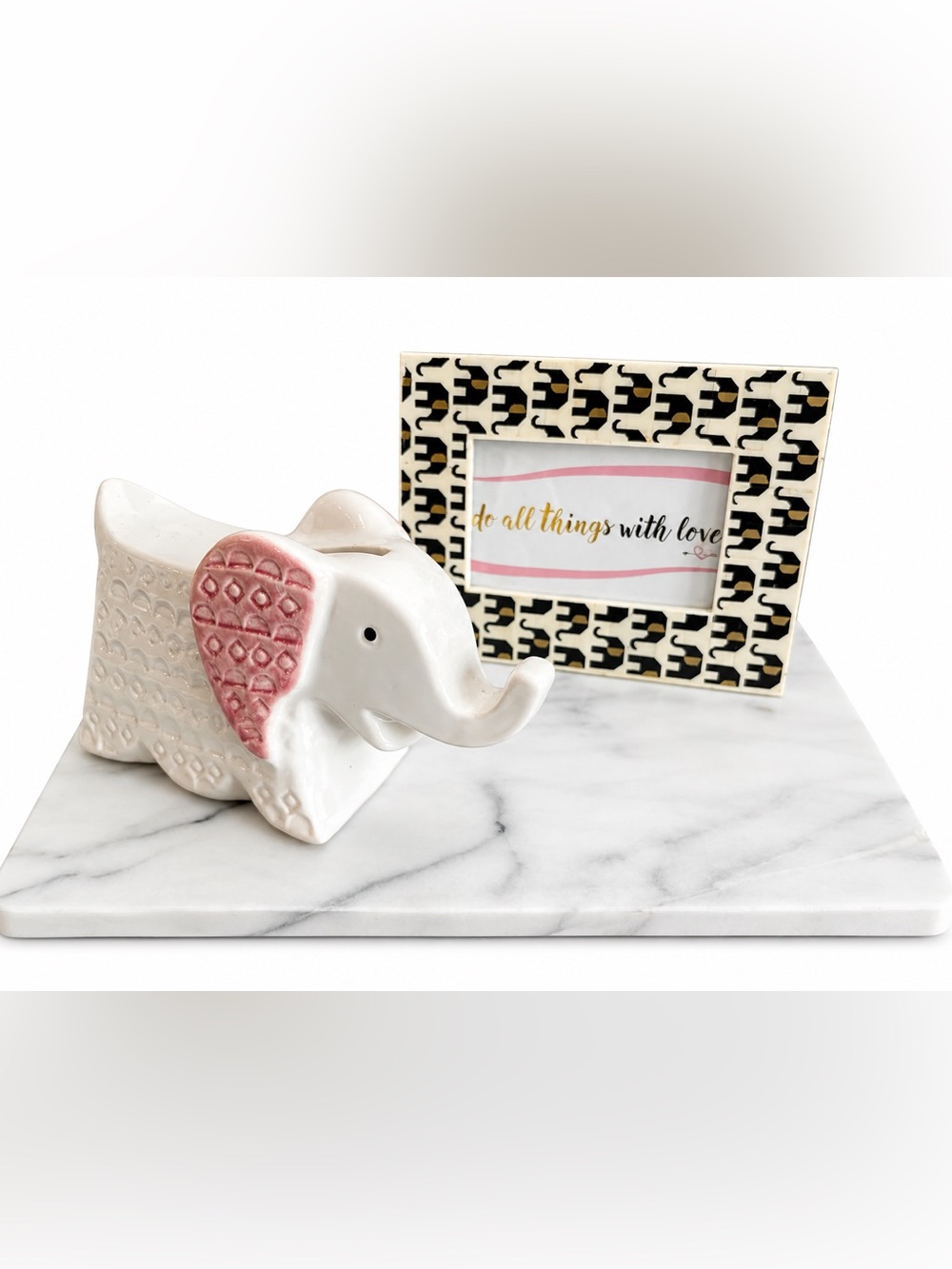 Shiraleah White  Elephant Frame  with Elephant Figurine